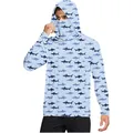 Men's light blue sun protection hoodie with shark print and integrated face mask UPF 50+ - M / Tops / Blue Shark Print