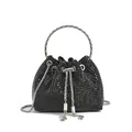 Elegant black rhinestone bucket evening bag with silver ring handle and tassels decor - Zirconia Style / Black