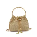 Elegant gold rhinestone evening bucket bag with metal handle and tassel drawstring. - Zirconia Style / Gold