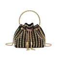 Elegant black and gold rhinestone evening bucket bag with luxury tassel and metal chain strap - Square Diamond Style / Black