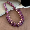 Vintage ethnic style chunky purple marbled agate bead necklace with gold spacers SKU - Necklace - Gold - Purple