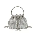 Elegant silver rhinestone bucket evening bag with circular handle and tassel details - Square Diamond Style / White Silver