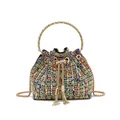 Luxurious colorful rhinestone evening bucket bag with round gold handle and tassels - Square Diamond Style / Colorful