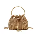 Luxury gold rhinestone evening bucket bag with round metal handle and tassel accent - Square Diamond Style / Gold