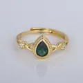 Vintage French gold-plated copper ring featuring a pear-shaped green gemstone design - Adjustable Open / Teardrop Green Gemstone Style (YXY-FJTR(15))