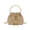 Luxury gold rhinestone dinner bucket bag with metal ring handle and tassel details - Square Diamond Style / Light gold