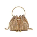 Luxurious gold rhinestone bucket evening bag with tassel and metal ring handle for party - Square Diamond Style / Rose Gold