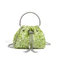 Lime green sequined bucket evening bag with rhinestone handle and metallic tassels - Sequin Style / Green