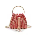 Elegant red rhinestone bucket evening bag with gold handle and tassels for formal events - Square Diamond Style / Red