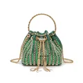 Elegant emerald green rhinestone evening bucket bag with gold ring handle and tassels - Square Diamond Style / Green