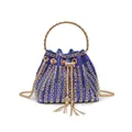 Elegant blue rhinestone evening bucket bag featuring a gold handle and stylish tassels - Square Diamond Style / Blue