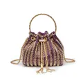Elegant purple rhinestone bucket evening bag with gold ring handle and tassels. - Square Diamond Style / Purple