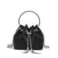Luxurious black rhinestone bucket evening bag with silver ring handle and tassel details - Hot Rhinestone / Black