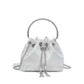 Luxury silver rhinestone evening bucket bag featuring a circular handle and tassel details - Hot Rhinestone / White