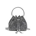 Sparkling black rhinestone evening bucket bag with silver circular handle and tassels - Hot Rhinestone / Gray