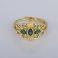 Vintage gold plated adjustable ring with green gemstones and intricate filigree design - Adjustable Open / Hollow Pattern Deep Green Gemstone Style (YXY-FJTR(36))