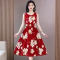 Elegant red sleeveless floral dress for women with waist-slimming mid-length design - Red Beige Large Floral (F23)