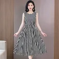 Elegant sleeveless midi dress featuring classic black and white vertical stripes - Black White Fine Stripe (F21)