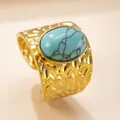 Vintage gold stainless steel open ring featuring a large oval turquoise stone and hammered texture - One Size / YYJZ-600 Light Blue