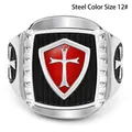 Vintage stainless steel Crusader cross ring in steel color with red enamel shield - 12 / Steel