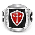 Vintage Crusader Knight Templar ring in steel color with red enamel cross shield design - 13 / Steel