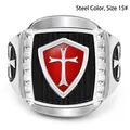Retro Crusader stainless steel ring with red oil-dripped shield and silver cross - 15 / Steel