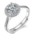 Elegant silver-toned adjustable ring featuring a round zircon with a brilliant halo setting - Round Halo Ring