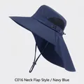 Detailed view of navy blue outdoor sun hat with wide brim and protective neck flap - One Size / Navy Blue (Cord Style)
