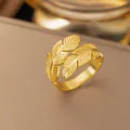 Elegant 18K gold plated titanium steel adjustable open ring with double leaf motif. - Double Feather Leaf Style (F41)