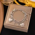 Chic double-layer silver-toned bracelet featuring heart charms and ball beads for women - Double Layer Heart (E252) Steel Color