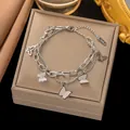 Silver-tone double-layer titanium steel bracelet featuring frosted butterfly charms - Butterfly Double Layer (E138) Steel Color