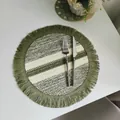 Boho chic round woven paper rope placemat with green and white stripes and fringe - Paper Stripe Grass Green with Green Fringe (35cm Round)