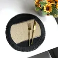 Round two-tone woven paper rope placemat in black and beige with fringed edges - Black & Beige with Black Fringe (35cm Round)