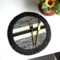 Round woven paper string placemat with black and white stripes and fringe tassels - Paper Stripe Black with Black Fringe (35cm Round)