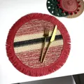 Boho chic red and cream woven paper rope placemat with fringes and gold cutlery - Paper Stripe Red with Red Fringe (35cm Round)