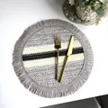 Round woven paper rope placemat featuring a stylish striped pattern and fringe edge - Paper Stripe Light Grey with Grey Fringe (35cm Round)