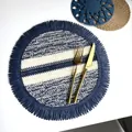 Striped woven paper rope placemat with elegant fringe detail in blue and cream colors - Paper Stripe Navy Blue with Blue Fringe (35cm Round)