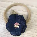 Elegant navy blue fabric flower headband with a soft beige nylon elastic band for baby girls - Dark Blue Pleated Flower Style (58)
