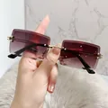 Fashionable rimless square sunglasses with gradient purple lenses for stylish women - C3 Gold Frame Deep Double Grey