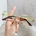 Stylish women's rimless square sunglasses with gradient lenses and gold temples - C12 Gold Frame Yellow Orange Gradient
