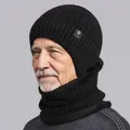 Detail view of winter knit beanie and neck warmer set on model, thick fleece lining - One Size / Snowflake Label Hat and Scarf Set / Black