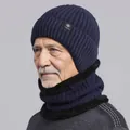 Men's winter knit beanie with ear protection and fleece lined neck gaiter set - One Size / Snowflake Label Hat and Scarf Set / Navy Blue