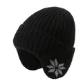 Schwarze winterwarme Strickmütze mit Schneeflockenmuster und warmem Fleecefutter - Schwarze/große Schneeflocken-ohrenklappenmütze / Einheitsgröße