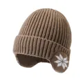 Warm brown winter knitted beanie hat for men featuring ear flaps and snowflake design - One Size / Large Snowflake Jacquard Ear Protection Hat / Khaki