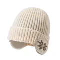 Cream white winter knitted beanie with ear flaps and brown snowflake pattern for men - One Size / Large Snowflake Jacquard Ear Protection Hat / Beige