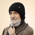 Men's premium black winter knit beanie hat for seniors featuring warm ribbed knit - One Size / Snowflake Label Ear Protection Hat / Black