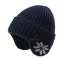 Men's navy blue knitted winter beanie with ear flaps and warm snowflake pattern design - One Size / Large Snowflake Jacquard Ear Protection Hat / Navy Blue
