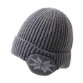 Thick warm grey winter knitted beanie hat featuring ear protection flaps for men - One Size / Large Snowflake Jacquard Ear Protection Hat / Dark Gray