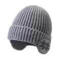 Warm grey knit winter beanie for men featuring integrated ear flaps and snowflake detail - One Size / Large Snowflake Jacquard Ear Protection Hat / Light Gray
