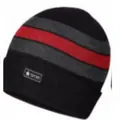 Warm men's winter knitted beanie with grey and red stripes on black base - One Size / Two-Tone Striped Sports Beanie / Red